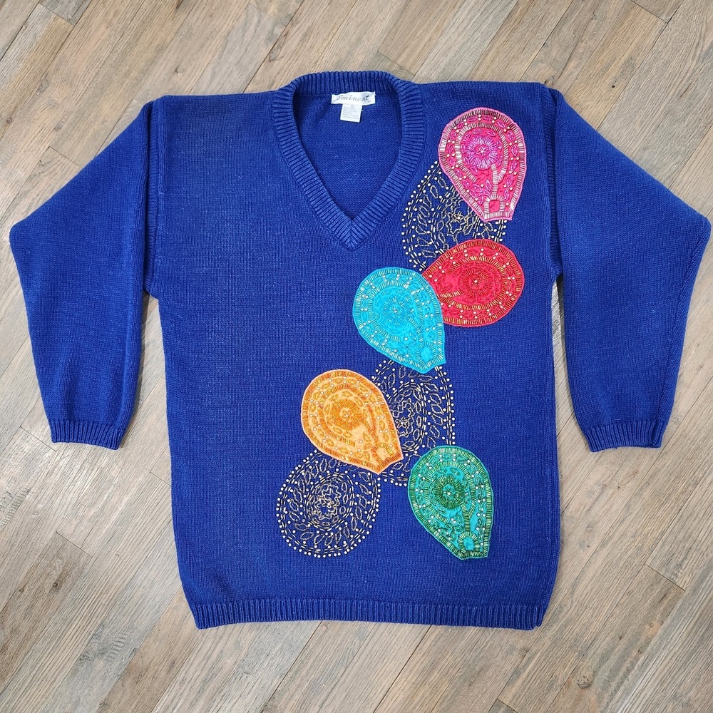VTG‎ Eminent Sweater Medium Sequins Christmas Balloons Ramie Cotton Embellished - Picture 6 of 10